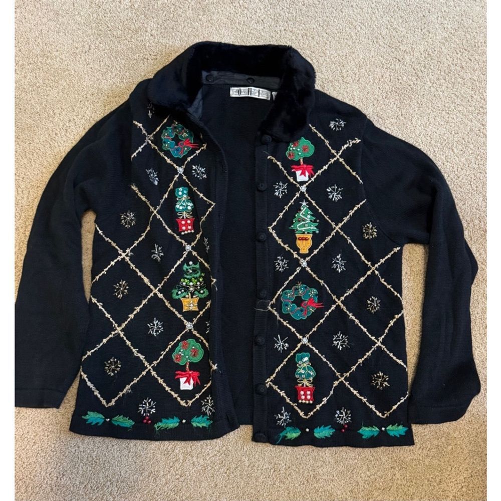 Women's OHI Christmas Vintage Cardigan L Black Green